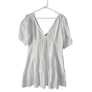 Bishop & Young White Eyelet Lace Puff Sleeve V Neck Tiered Mini Dress Size M